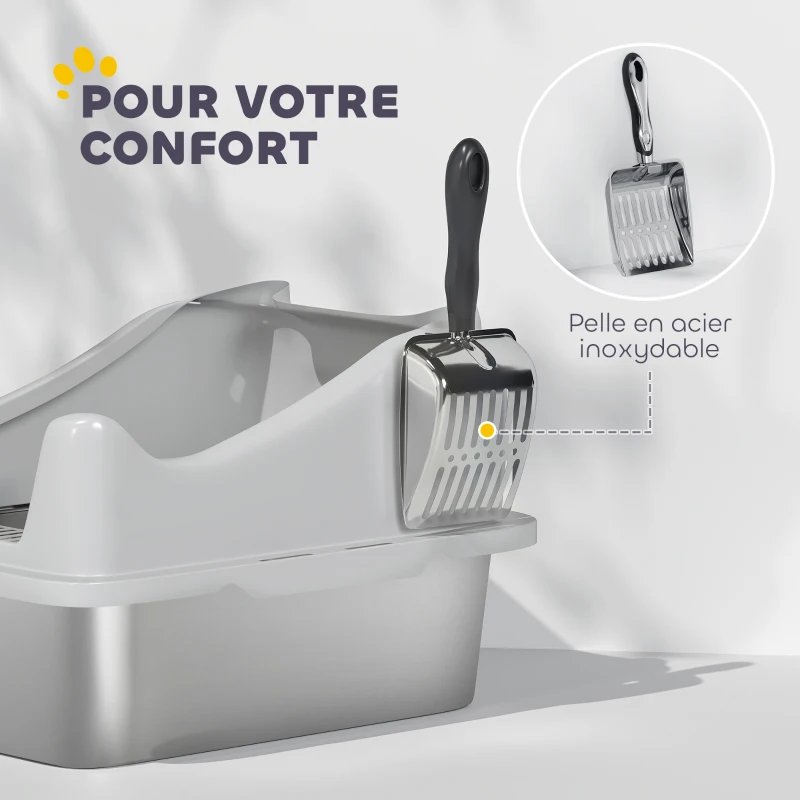 PawHut Bac à litière en acier inoxydable, maison de toilette pour chat, bords hauts, nettoyage facile, 43,1x33,2x25,4cm, gris