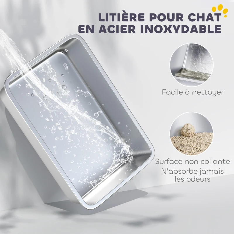 PawHut Bac à litière XL en acier inoxydable, maison de toilette pour grand chat, nettoyage facile 60,2 x 40,2 x 29,5 cm, gris