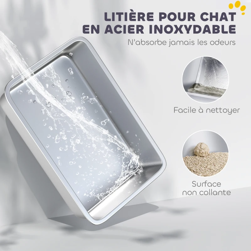 PawHut Bac à litière en acier inoxydable, maison de toilette pour chat, bords hauts, nettoyage facile, 43,1x33,2x25,4cm, gris