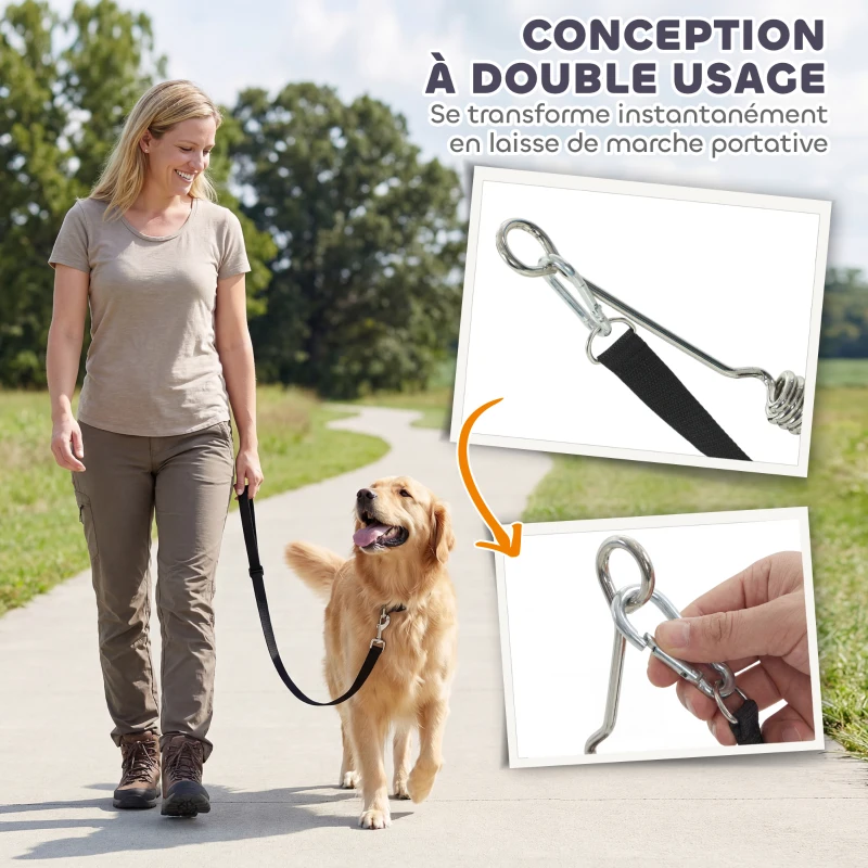 PawHut Laisse de Vélo pour Chien 180 cm en Inox , Fixation Rapide, Ressort Amortisseur, Sangle Ajustable, Argent