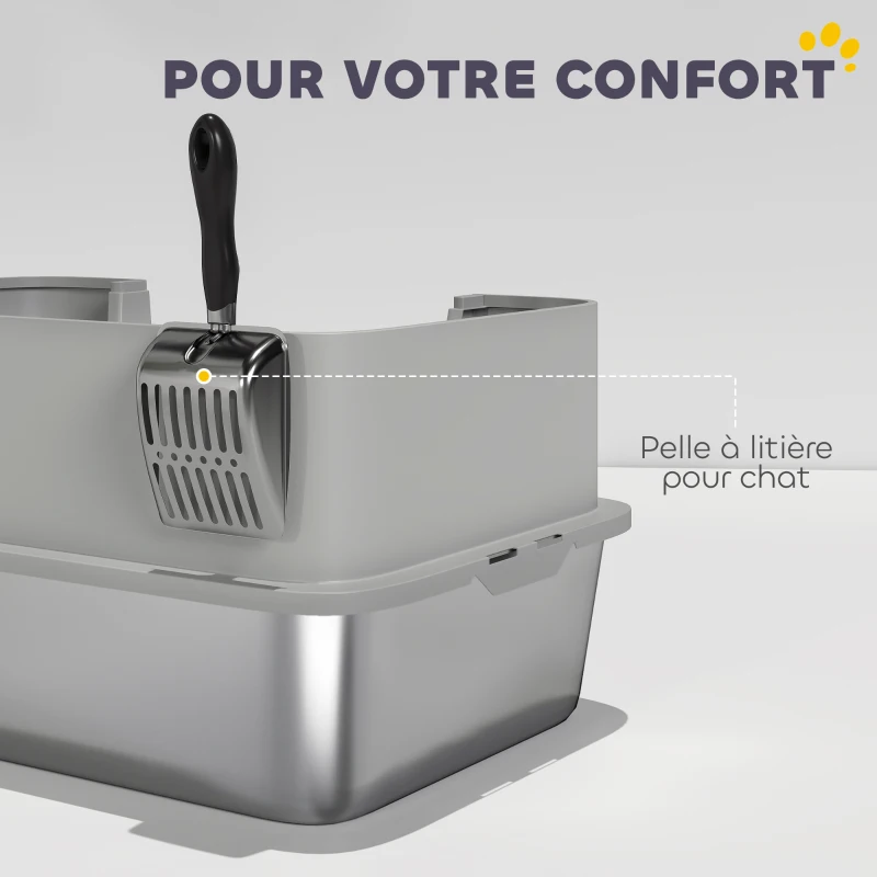 PawHut Bac à litière XL en acier inoxydable, maison de toilette pour grand chat, nettoyage facile 60,2 x 40,2 x 29,5 cm, gris