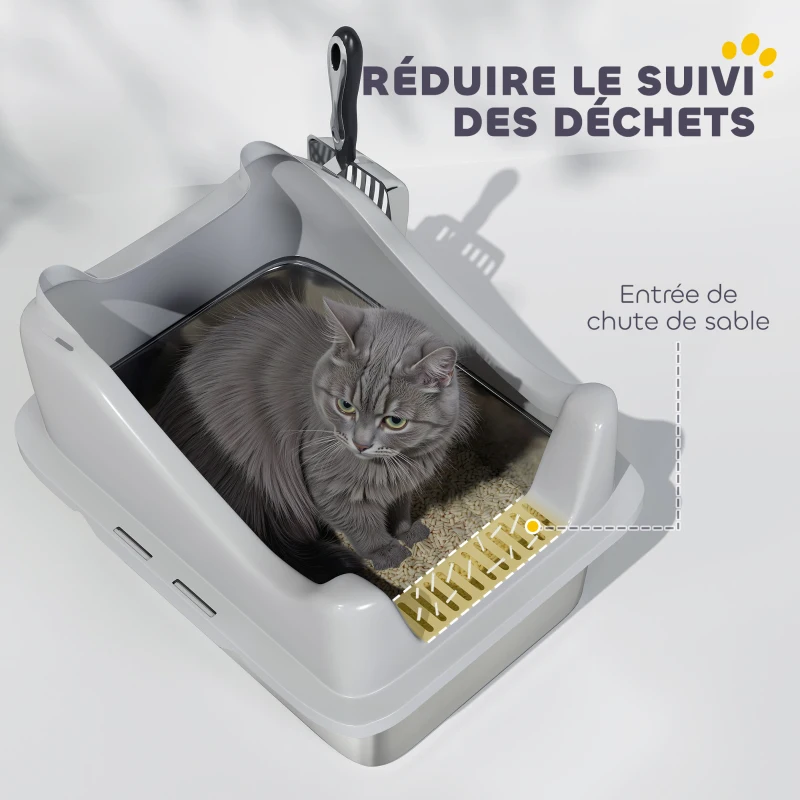 PawHut Bac à litière en acier inoxydable, maison de toilette pour chat, bords hauts, nettoyage facile, 43,1x33,2x25,4cm, gris