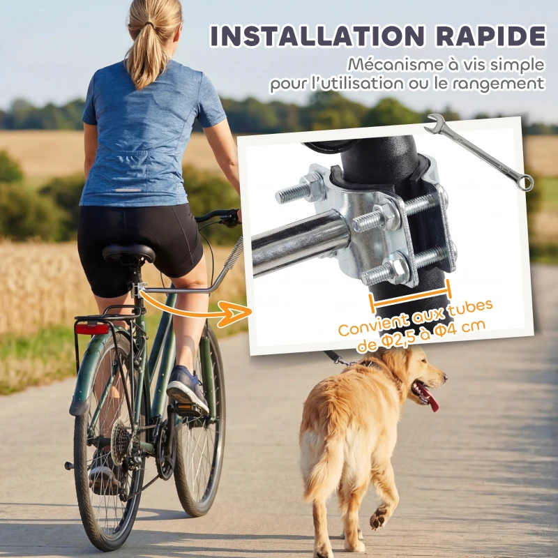 PawHut Laisse de Vélo pour Chien 180 cm en Inox , Fixation Rapide, Ressort Amortisseur, Sangle Ajustable, Argent