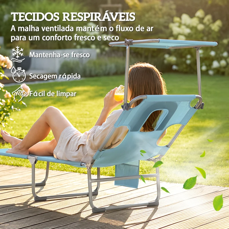 Outsunny Conjunto de 2 Espreguiçadeiras Dobráveis com Dossel 360° Encosto 5 Posições Orifício Facial 188x56x27 cm Azul Claro