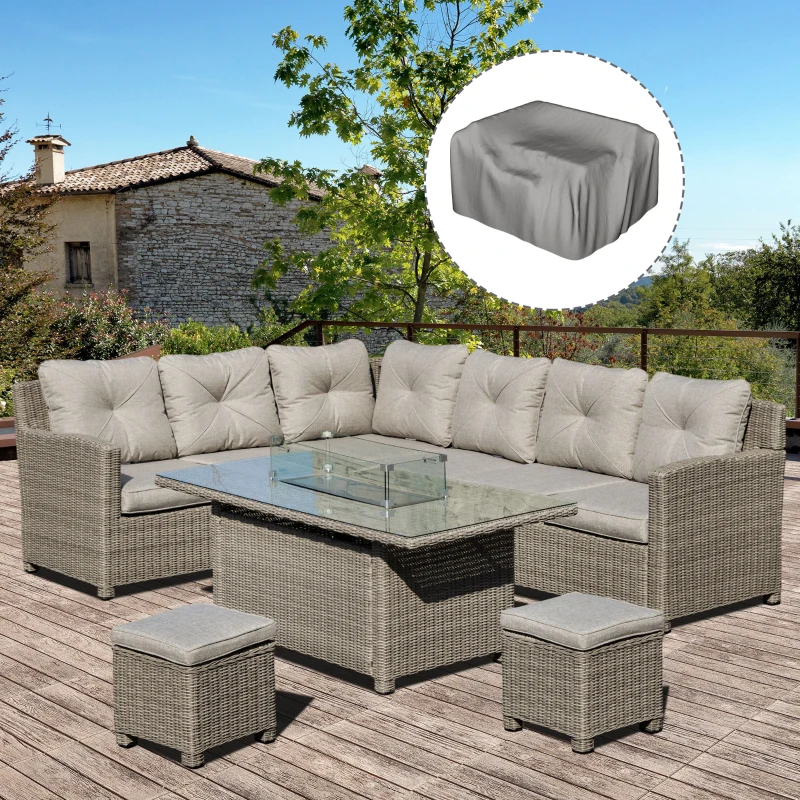 Outsunny 8-Seater Outdoor PE Rattan Sofa Set Conversation Set w/ Fire Pit Table, L-Shape Sofa, Footstool and Furniture Cover