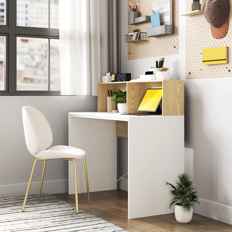 HOMCOM Secretária 110x50x102,6 cm Mesa de Escritório com 2 Compartimentos Abertos e Prateleira Branco e Madeira