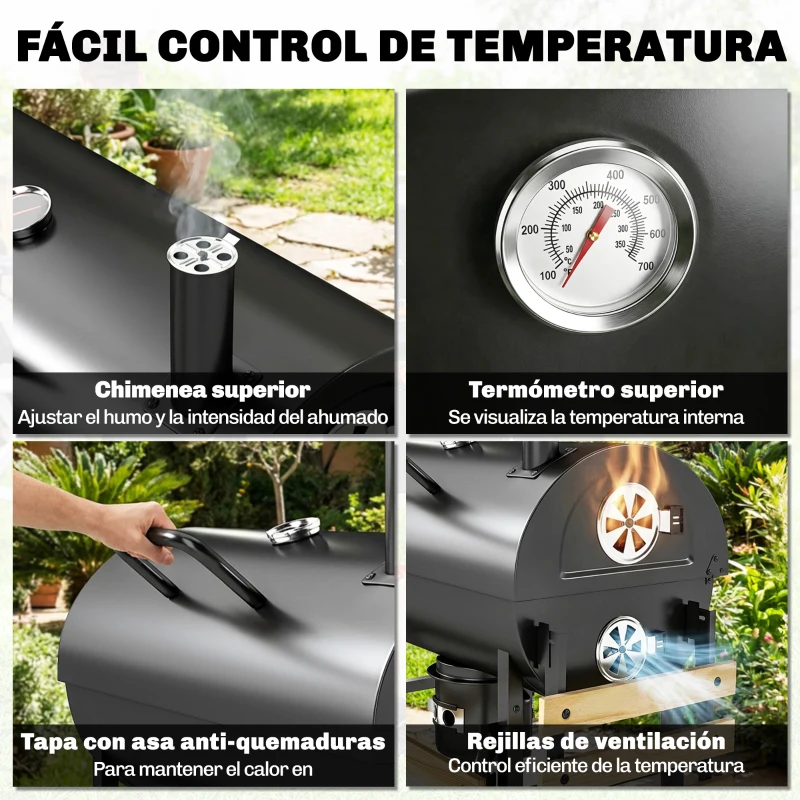 Outsunny Barbacoa de Carbón Portátil Barbacoa Carbón Barril con Asador Eléctrico Estantes Plegables Ruedas Termómetro