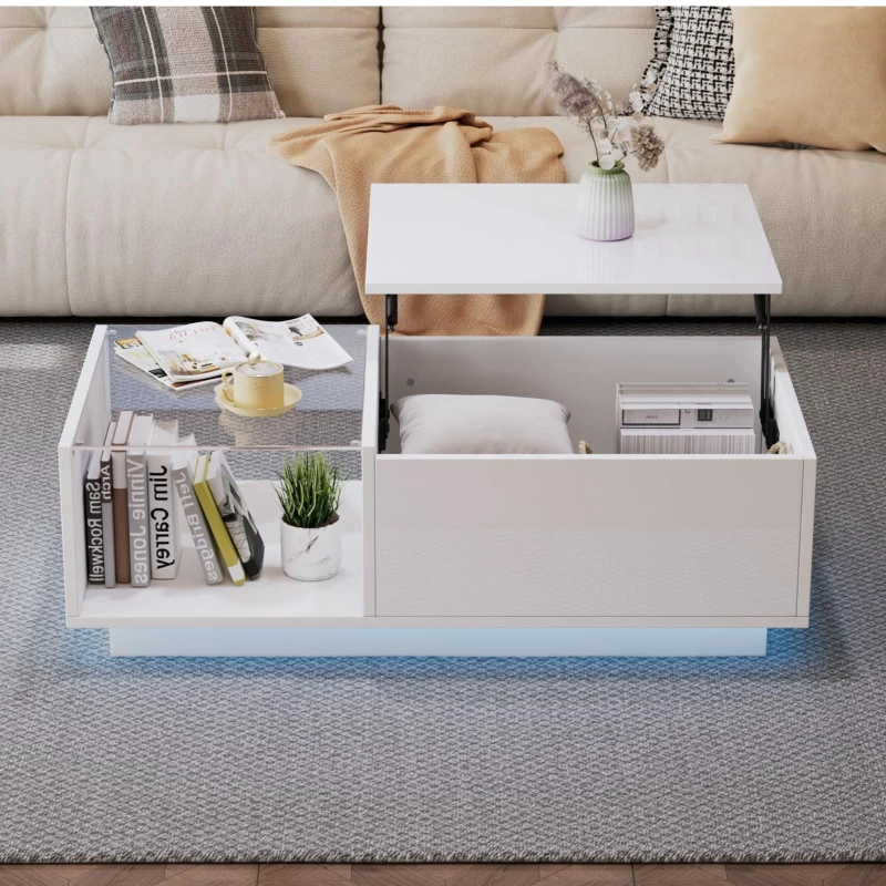 Tavolino da salotto regolabile in altezza a LED con spazio a scomparsa, 100x50x33 cm, Bianco