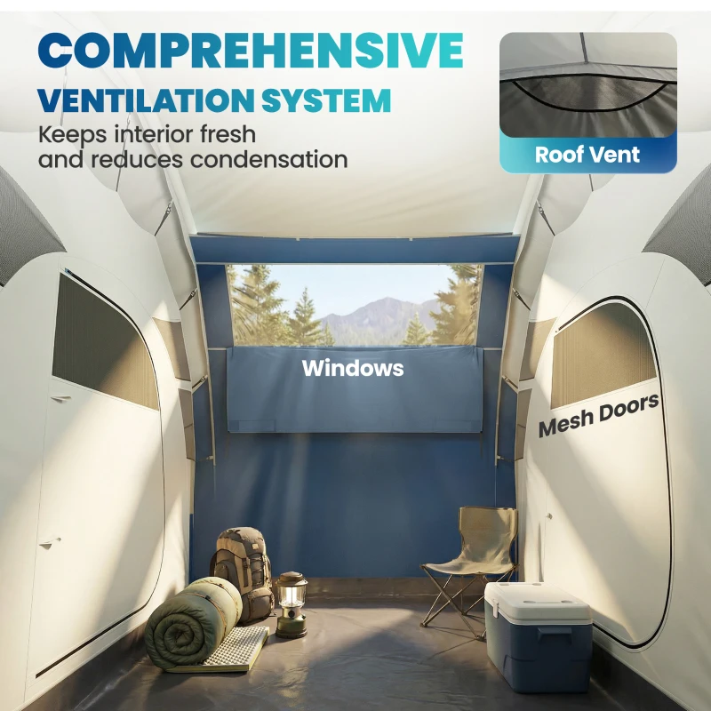 Outsunny Opblaasbare Tent voor 4 Personen – Snel op te zetten Outdoor Camping Tent met 2 Slaapkamers, Meshramen en Luifel