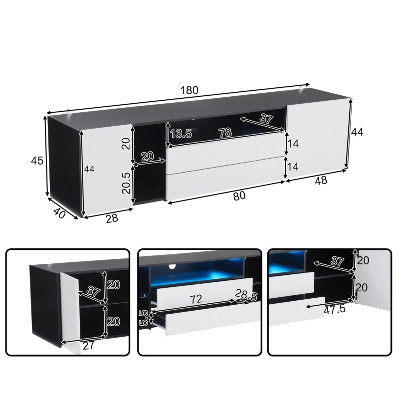 Mobile TV basso a LED con 2 cassetti e ante a ribalta, 180x40x45 cm, Bianco e Nero