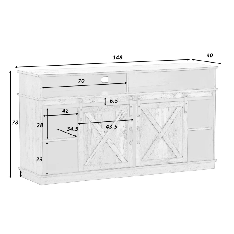 Mobile TV in stile country con ante da fienile, 2 armadietti e 2 ripiani aperti, 148x40x78 cm, Marrone