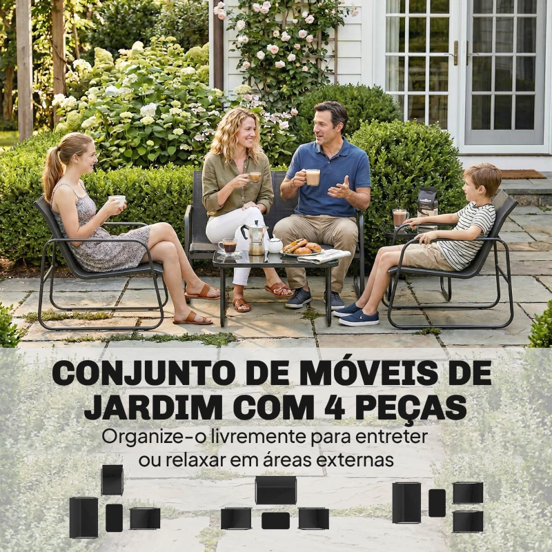 Outsunny Conjunto Jardim de 4 Peças com Sofá de 2 Lugares 2 Poltronas Mesa de Vidro Temperado Tecido Textilene Respirável Cinza Escuro