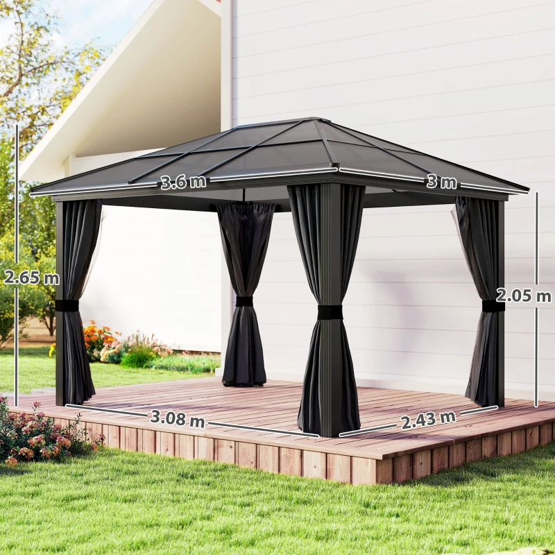 Outsunny 3 x 3.6m Hardtop Gazebo Canopy with Polycarbonate Roof, Aluminium Frame, Permanent Pavilion Garden Gazebo with Netting and Curtains for Patio, Deck, Dark Grey