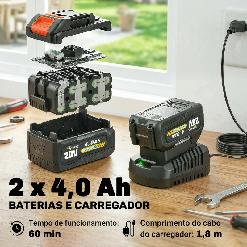 Outsunny Motosserra Elétrica Extensível 1,94-2,56 m com 2 Baterias de 4,0 Ah, Carregador Duplo Bloqueio e Lubrificação Automática