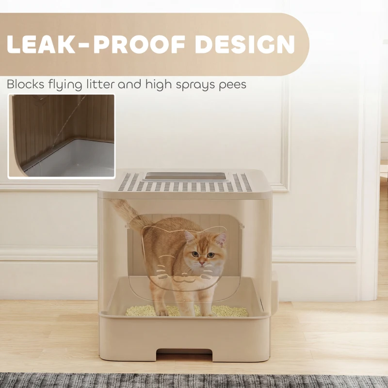 PawHut Cat Litter Box with Lid, Slide-Out Drawer, Scoop, Easy Clean, Odour Control, Anti-Splashing, Khaki