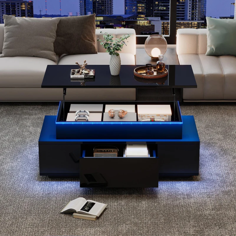 Tavolino da salotto regolabile in altezza con illuminazione LED, sollevamento idraulico e spazio a scomparsa, 96x45x40 cm, Nero