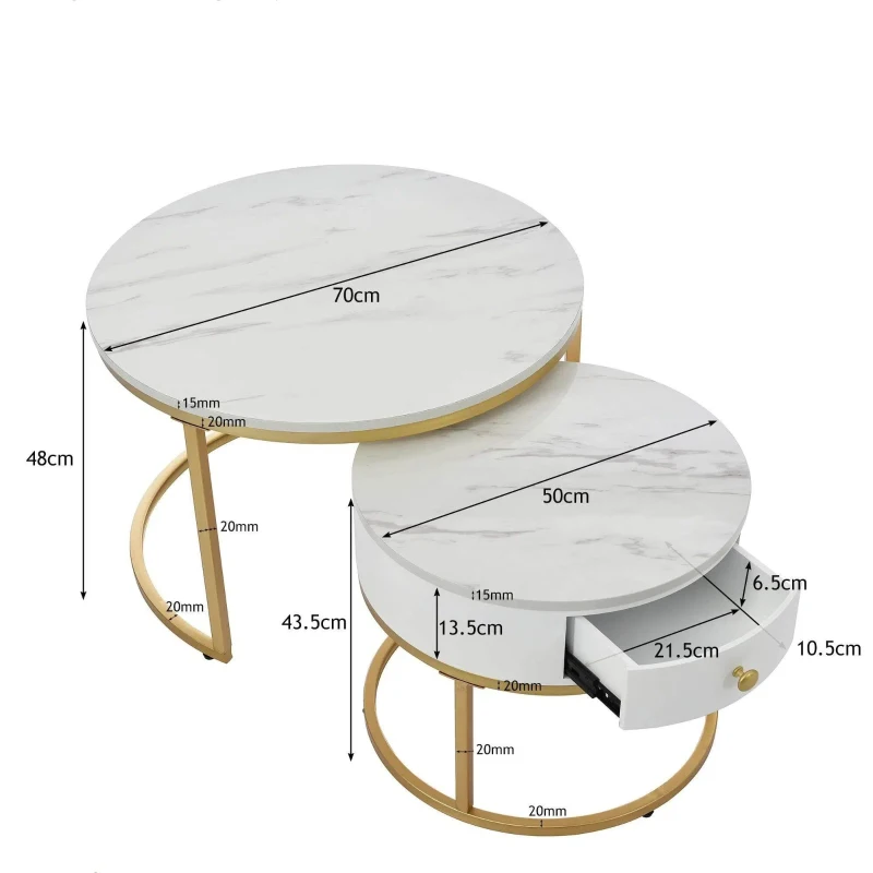 Set 2 tavolini moderni annidati in metallo effetto oro, 70x70x48 cm/50x50x43.5 cm, Bianco
