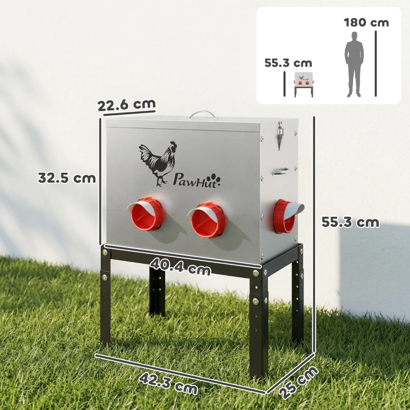 PawHut Distributore Automatico per Polli 18 kg Capacità con Coperchio Bloccabile, Gambe Regolabili e 6 Aperture, 42,3x25x55,3 cm, Argento