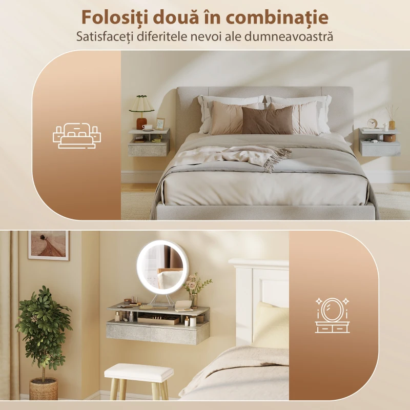 HOMCOM Set de 2 noptiere suspendate pentru dormitor cu sertar și raft din lemn, 35x32x22,5cm, gri