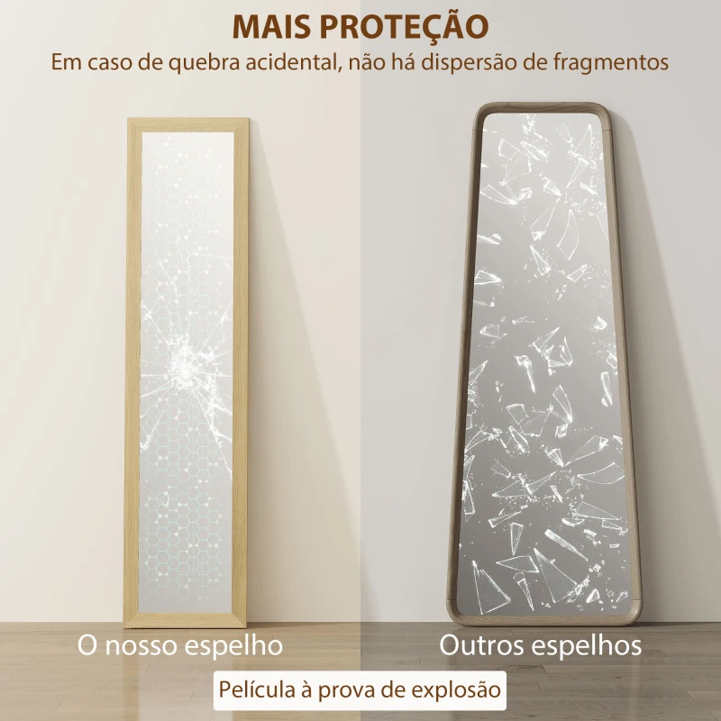 HOMCOM Espelho de Pé 157x37 cm Espelho de Corpo Inteiro com Suporte 3 Formas de Uso Independente Montagem na Parede e Apoiado Carvalho