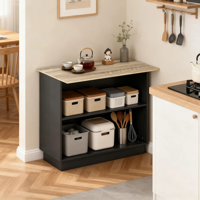 HOMCOM Isla de Cocina Mueble buffet auxiliar con 2 Estantes Abiertos 2 Puertas y Estantes Ajustables 105x60x82 cm Negro y Roble