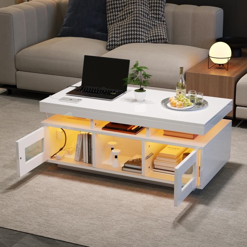 Tavolino da salotto, superficie lucida, con striscia luminosa a LED, quattro cassetti anteriori e posteriori, ampio spazio (bianco