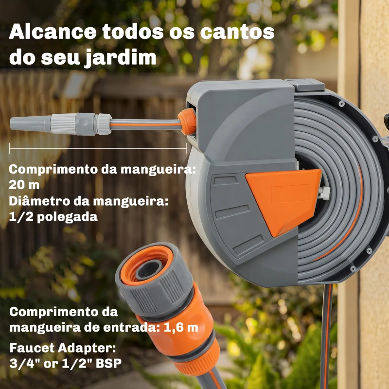 Outsunny Carretel de Mangueira para Jardim 20+1,6 m com Bocal de 2 Modos Bloqueio Automático e Retracção Orientável 180° Laranja