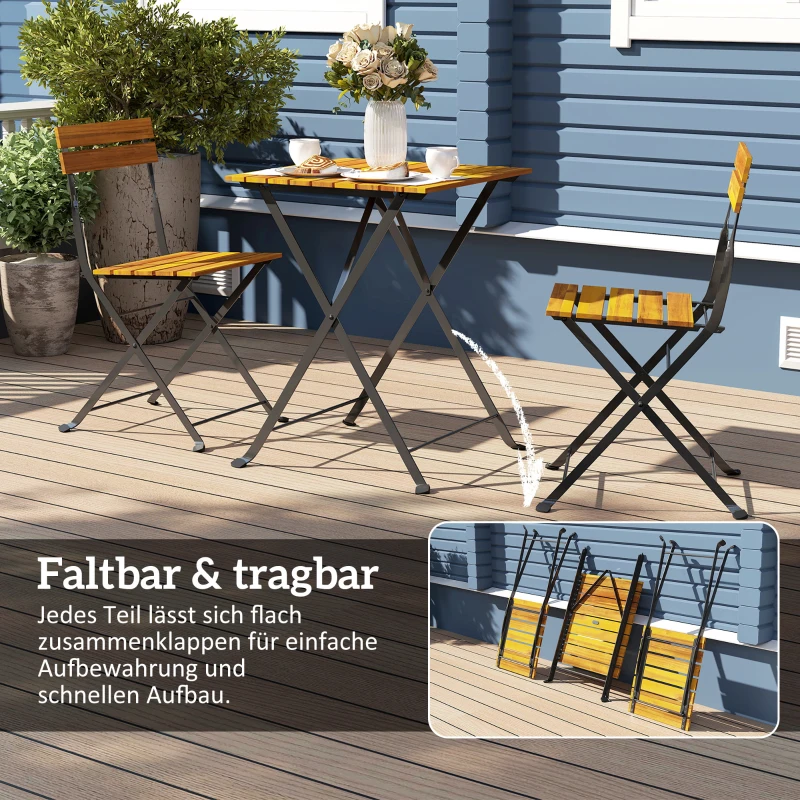 Outsunny Sitzgruppe 3 tlg. Essgruppe für 2 Personen klappbarer Esstisch mit 2 klappbare Stühle für Terrasse Balkon Teak