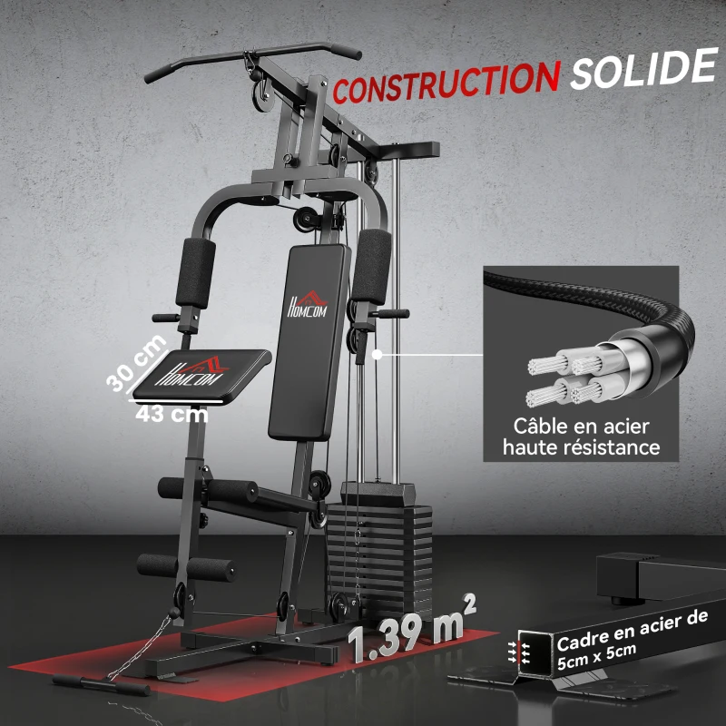 HOMCOM Station de musculation avec barre de traction et butterfly, poulie et extenseur de jambes – 12 poids de 65 kg en tout – appareil de musculation à domicile(m-6)