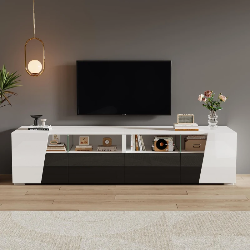 Mobile TV laccato lucido a LED, 180x38.5x45 cm, Bianco e Nero