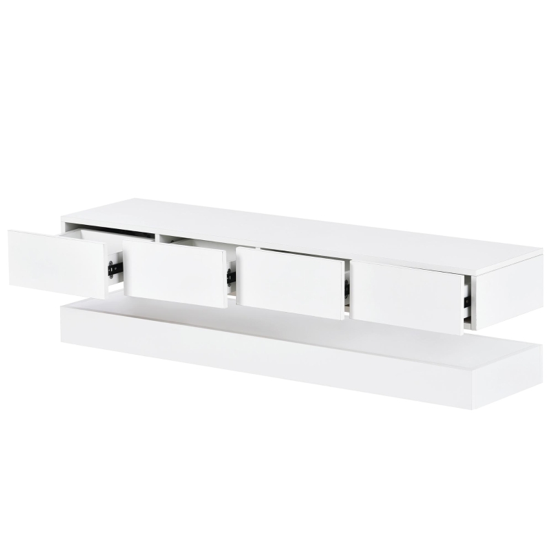 Lowboard per TV LED, montato a parete, quattro cassetti di uguale dimensione, 130x33x15 cm, Bianco