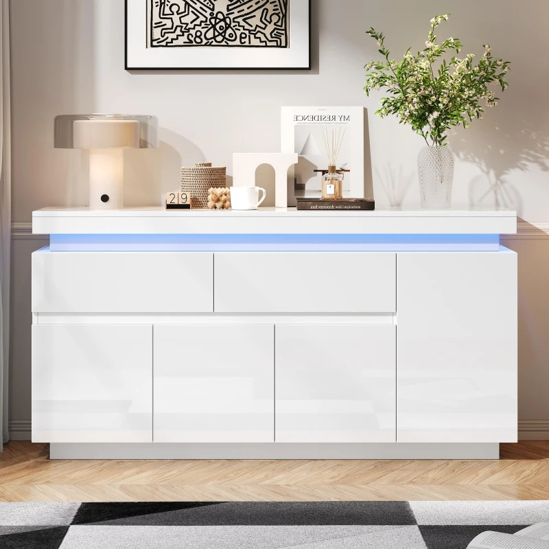Mobile credenza a LED con 2 cassetti e 4 ante, 140x35x72.5 cm, Bianco