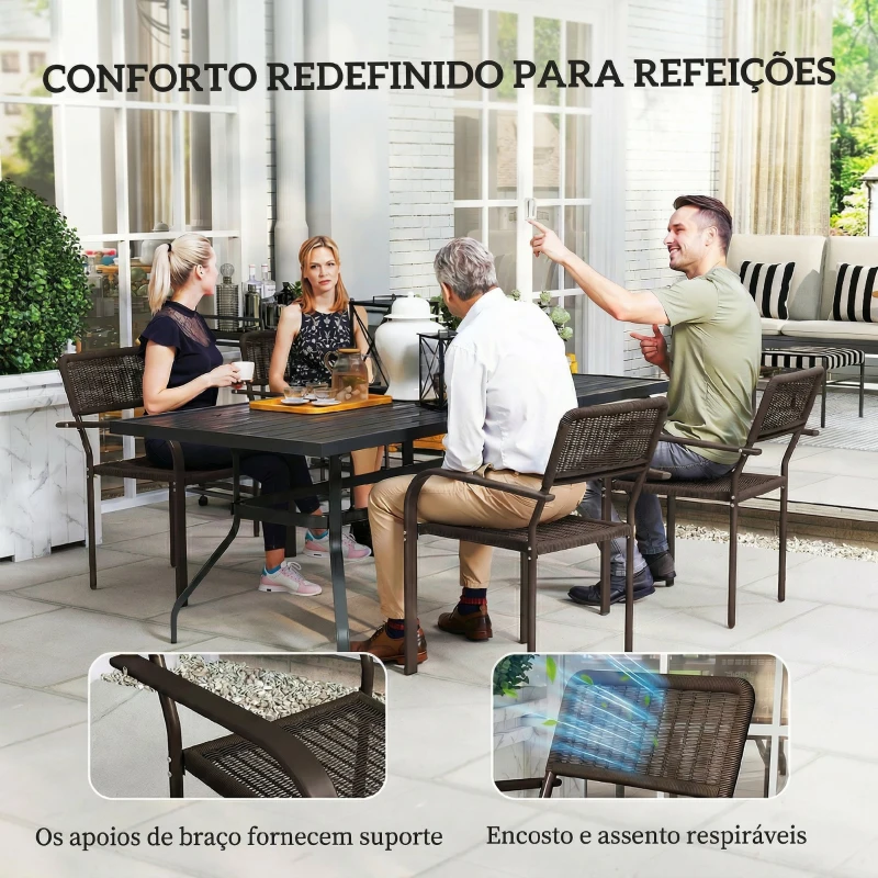 Outsunny Conjunto de 4 Cadeiras de Jardim Exterior Empilháveis com Apoios de Braços Encosto e Estrutura de Aço 55x60x83 cm Castanho Escuro