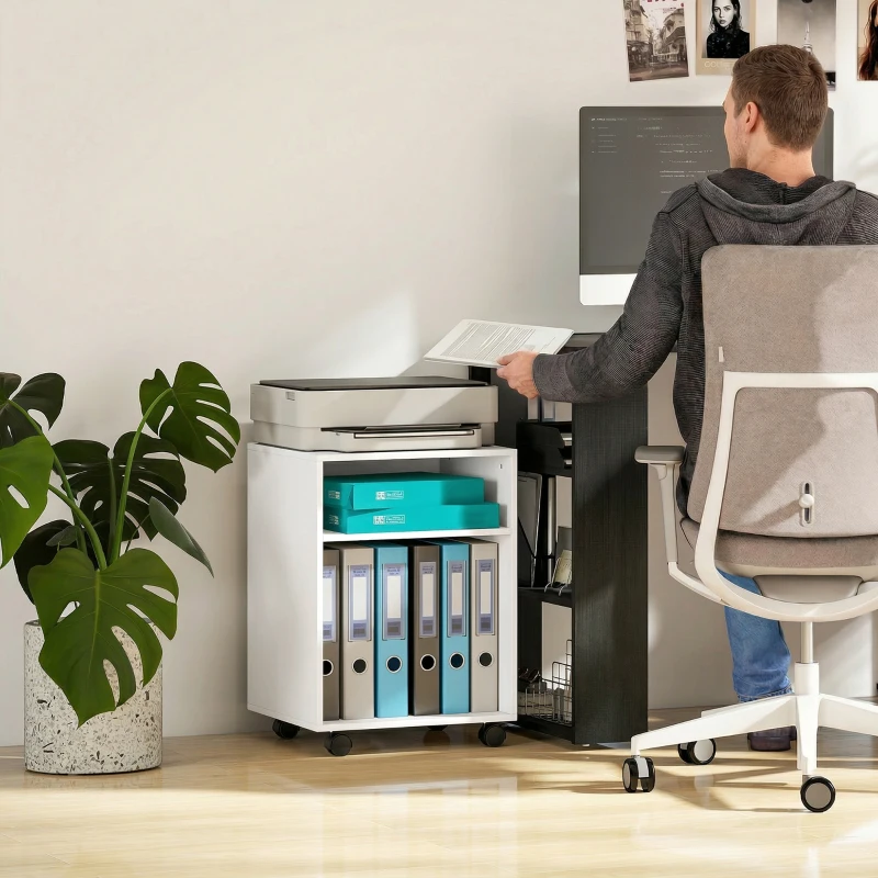 HOMCOM Printerstandaard Printertafel met 2 open planken en wieltjes met rem voor Kantoor Thuis Fax Scanner 40 x 35 x 56 cm Wit