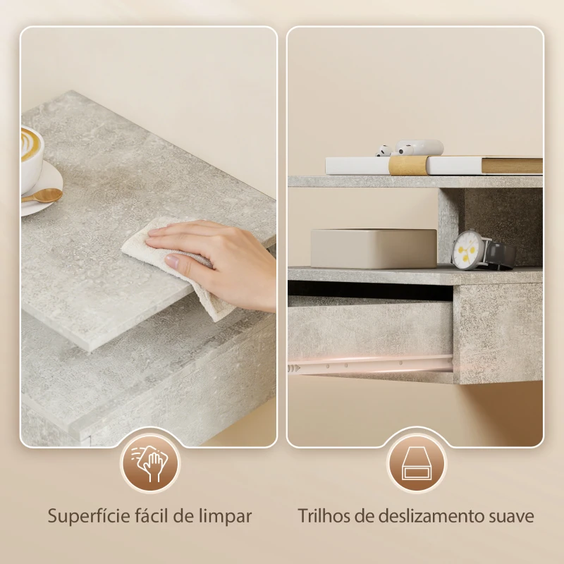 HOMCOM Conjunto de 2 Mesas de Cabeceira Flutuantes com Gaveta e Prateleira Aberta para Sala de Estar, 35x32x22,5 cm Cinzento