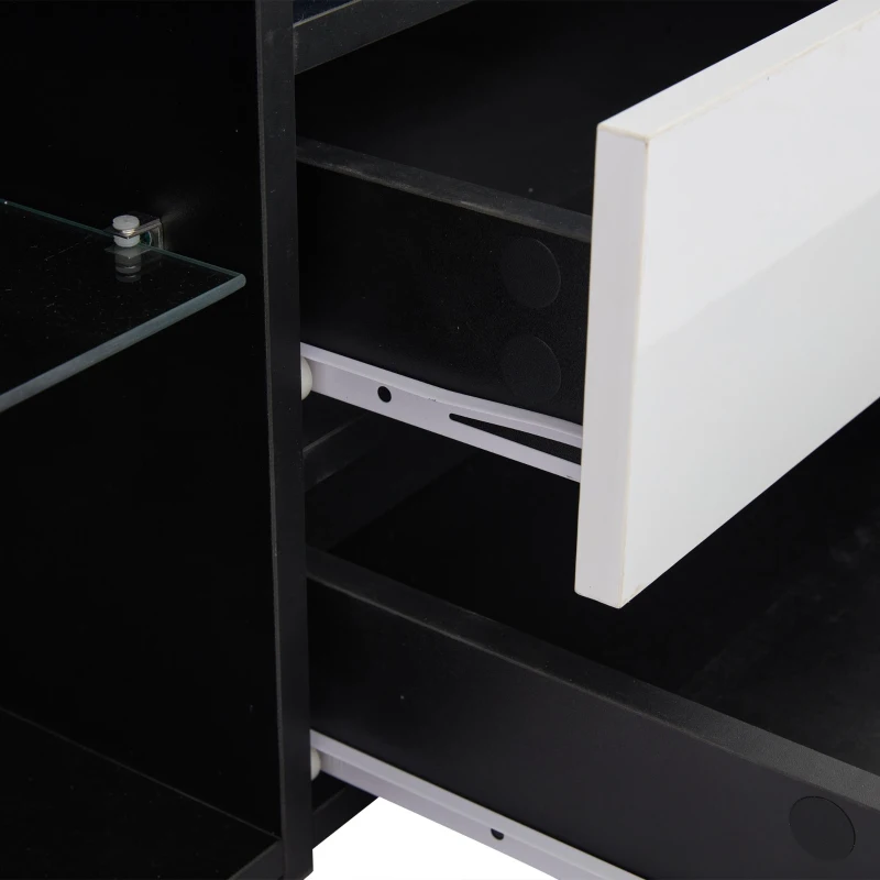 Mobile TV basso a LED con 2 cassetti e ante a ribalta, 180x40x45 cm, Bianco e Nero