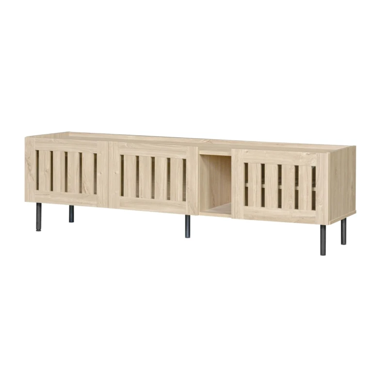 Mobile basso con ante a lamelle, foro passacavi e gambe in metallo, 160x40x47 cm, Color legno