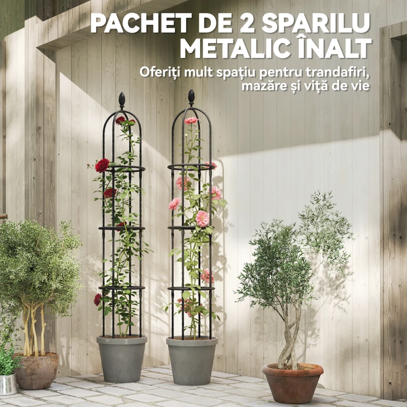 Outsunny Set 2 Suporturi pentru Plante Cățărătoare, Înălțime 1,7 m, din Oțel Antirugină cu Decorațiuni, Negru