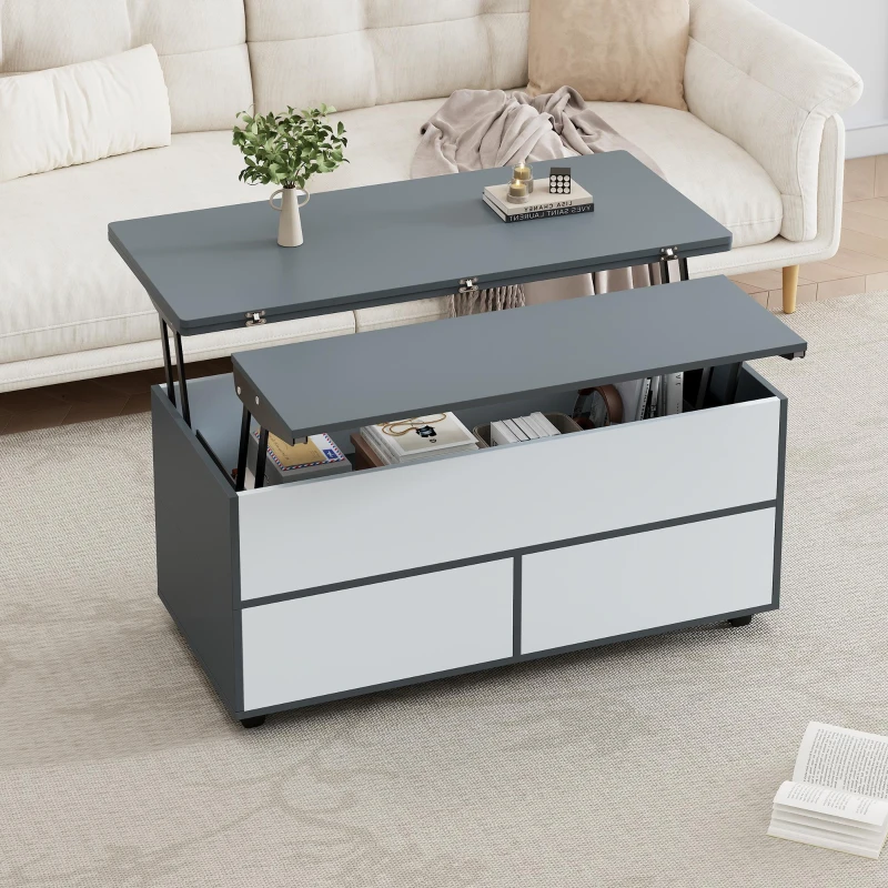 Tavolino da salotto regolabile in altezza con leva idraulica e 4 ruote girevoli, 100x98x65 cm, Grigio e Bianco