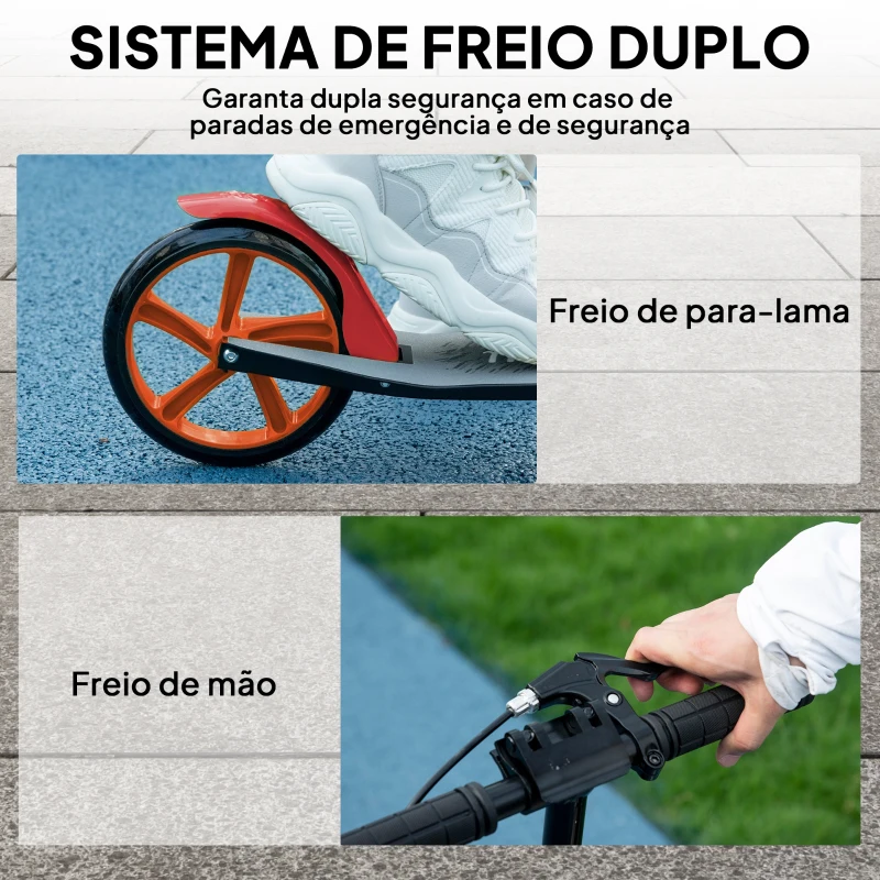 HOMCOM Trotinete Dobrável com Guiador Ajustável, Rodas Grandes de 200 mm, Amortecimento e Travão, Carga Máxima de 100 kg, 91,5x36,5x91-104 cm, Vermelho