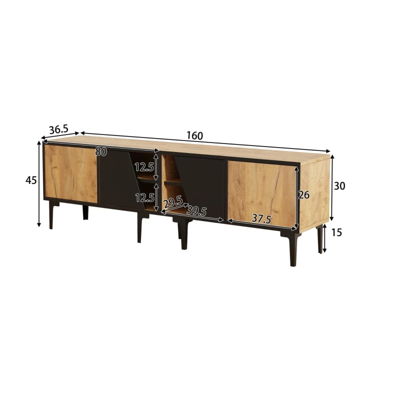 Mobile TV basso con 4 ripiani e 7 piedini, 160x36.5x45 cm, Color legno e Nero