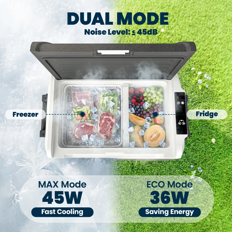 Outsunny Compressor-koelbox 50L -20℃-20℃ elektrische koelbox met dual-zone temperatuurregeling, APP, LED, batterijbeveiliging en opvouwbare handgreep