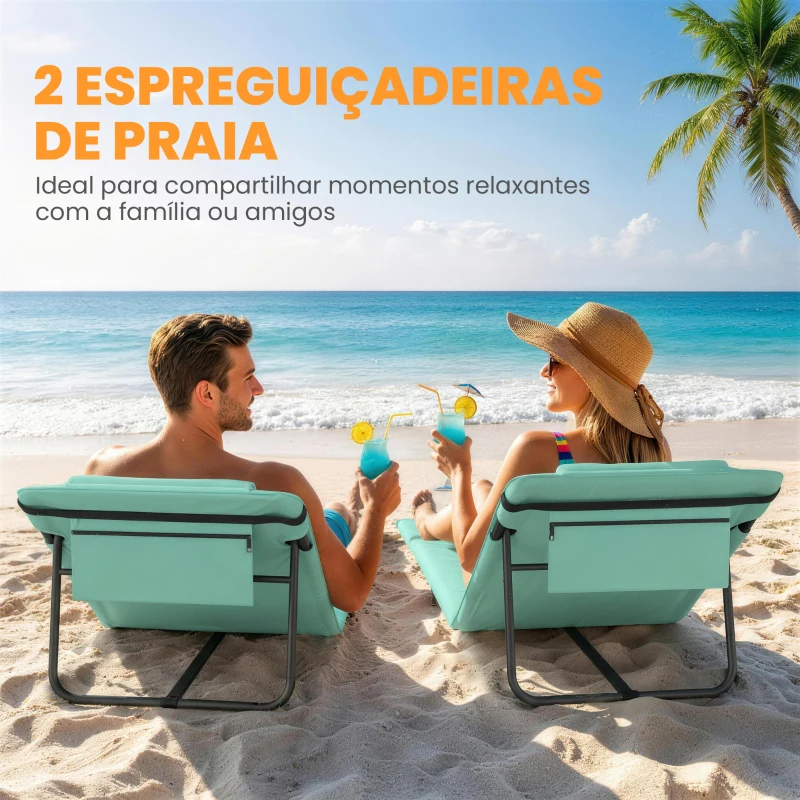 Outsunny Conjunto de 2 Esteiras de Praia Dobráveis com Encosto Ajustável e Encosto Acolchoado 146x50x2 cm Verde
