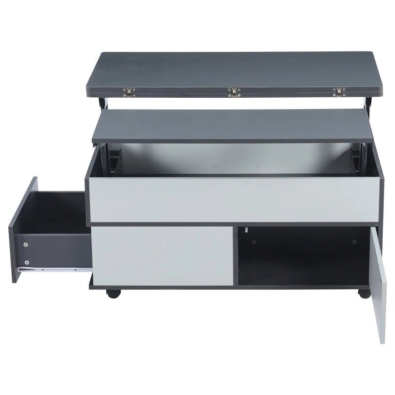 Tavolino da salotto regolabile in altezza con leva idraulica e 4 ruote girevoli, 100x98x65 cm, Grigio e Bianco