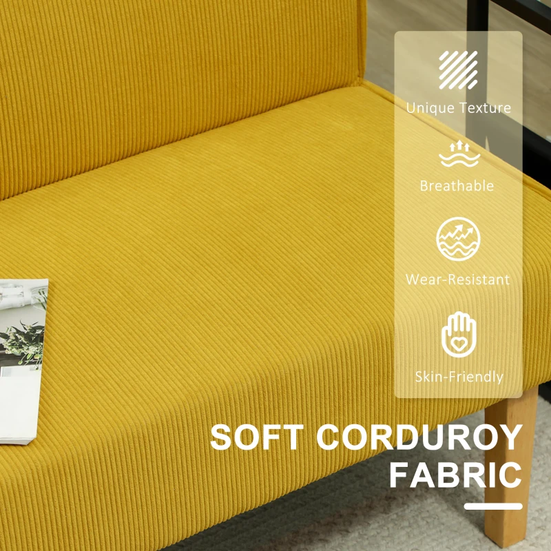 Sofa 2-osobowe, żółte, z drewnianymi nogami, styl cord