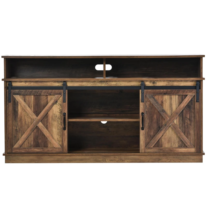 Mobile TV in stile country con ante da fienile, 2 armadietti e 2 ripiani aperti, 148x40x78 cm, Marrone