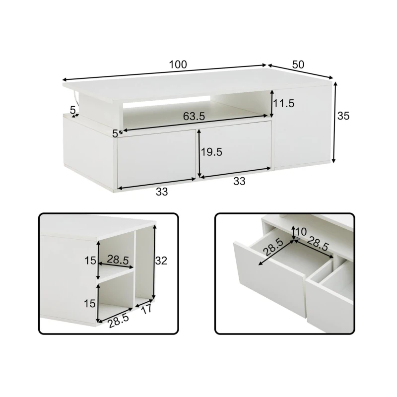 Tavolino da salotto a LED con 2 cassetti e ripiani semiaperti, 100x50x35 cm, Bianco
