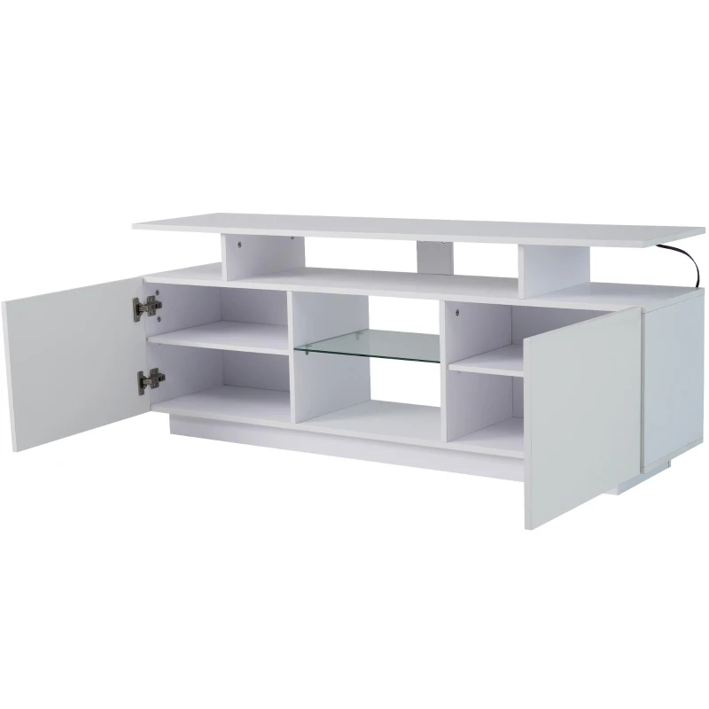 Mobile TV a 5 ripiani aperti con strisce LED autoadesive, 140x35x55 cm, Bianco