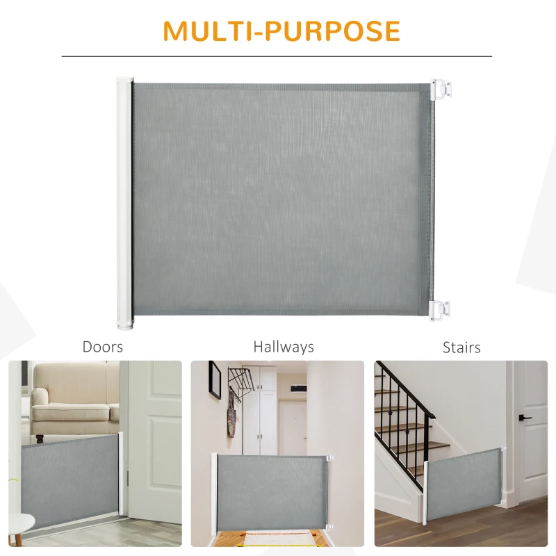 PawHut Retractable Dog Gate for Stairs, Safety Pet Barrier for Home Doorway, Room Divider 115L x 82.5Hcm, Grey