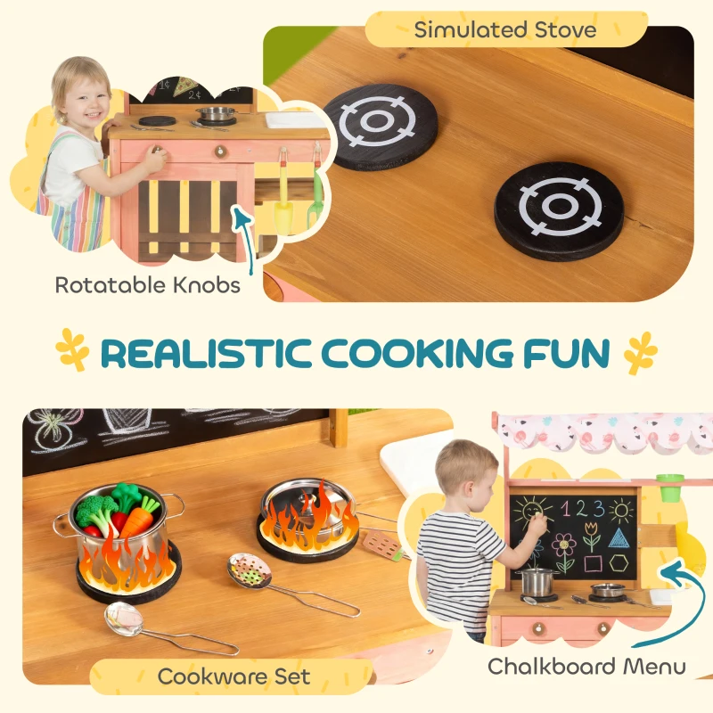 AIYAPLAY Kids Mud Kitchen with Canopy, Outdoor Wooden Play Kitchen with Planter Box, Accessories for Age 3-6, Pink